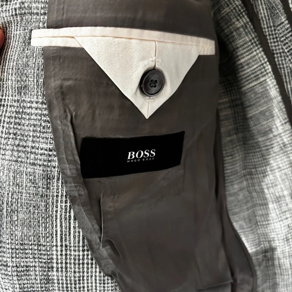 Hugo BOSS Mens Size 40L Gray Glen Plaid‎ Linen Two Button Blazer Sport Coat